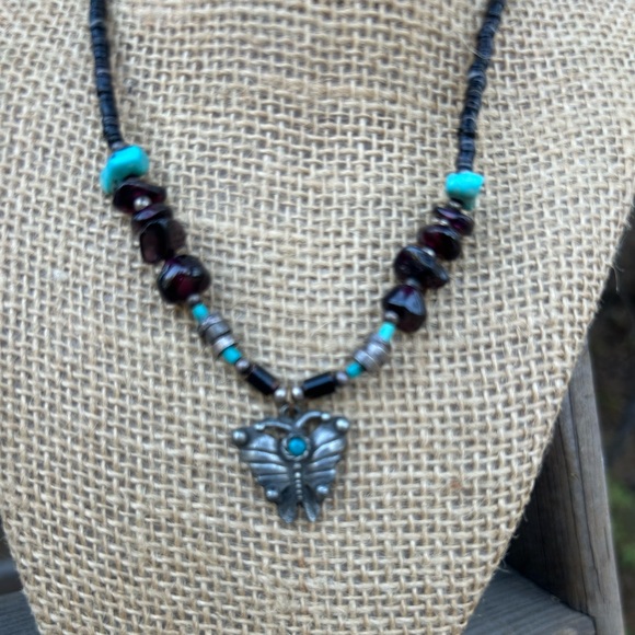 Turquoise amethyst San Crest Indian made signed 925 silver butterfly necklace - Picture 4 of 9